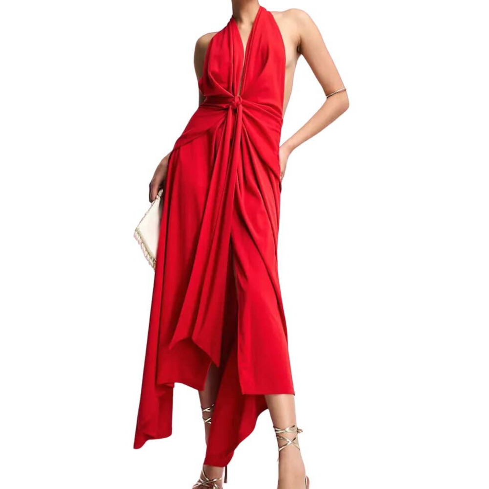 ASOS Deisgn Deep Plunge  Halter Sash Midi Skater Dress in Red, Size 4-8